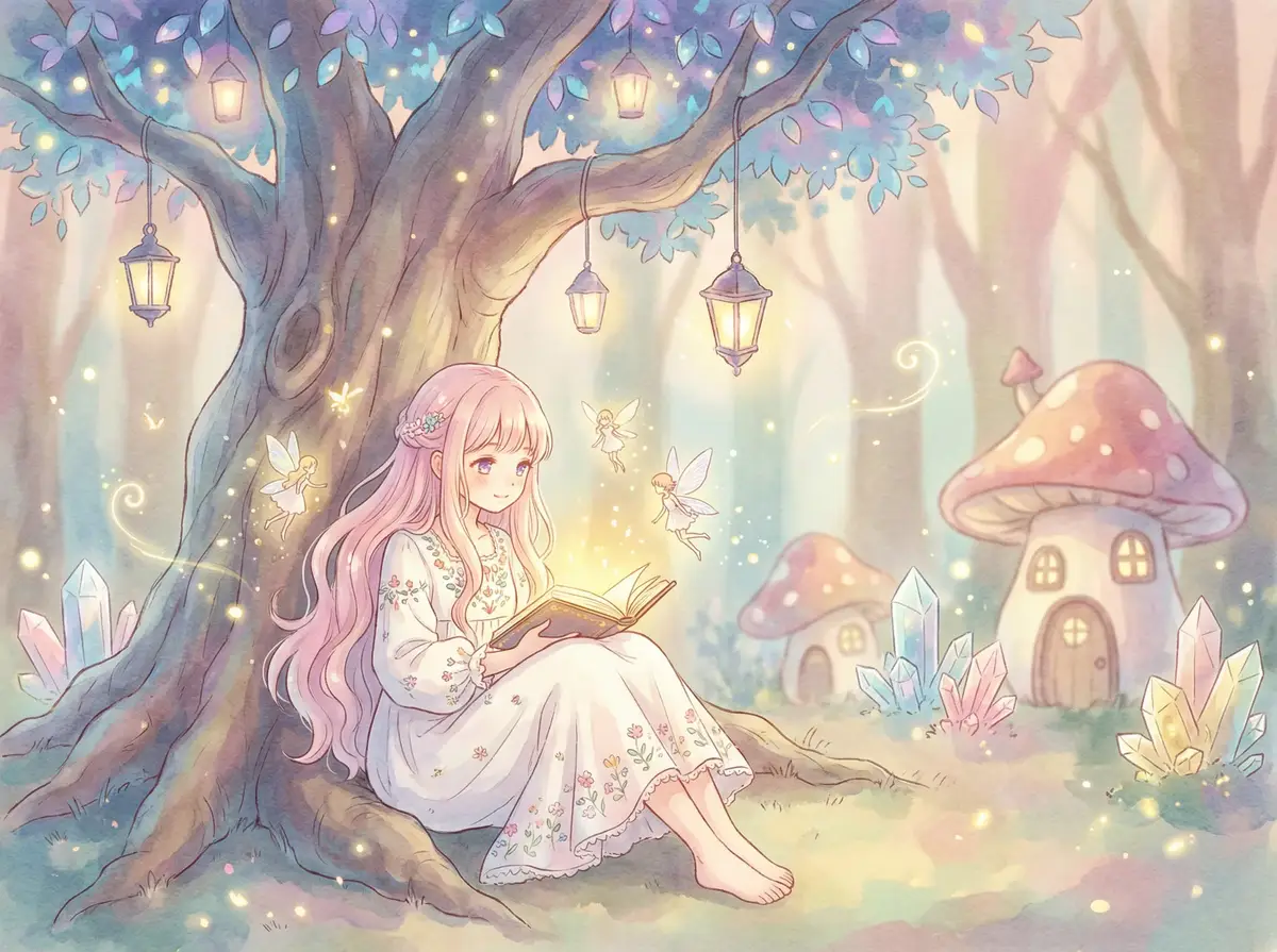 两个人看的免费好视频 - 魔法森林中阅读故事书的粉发少女与精灵